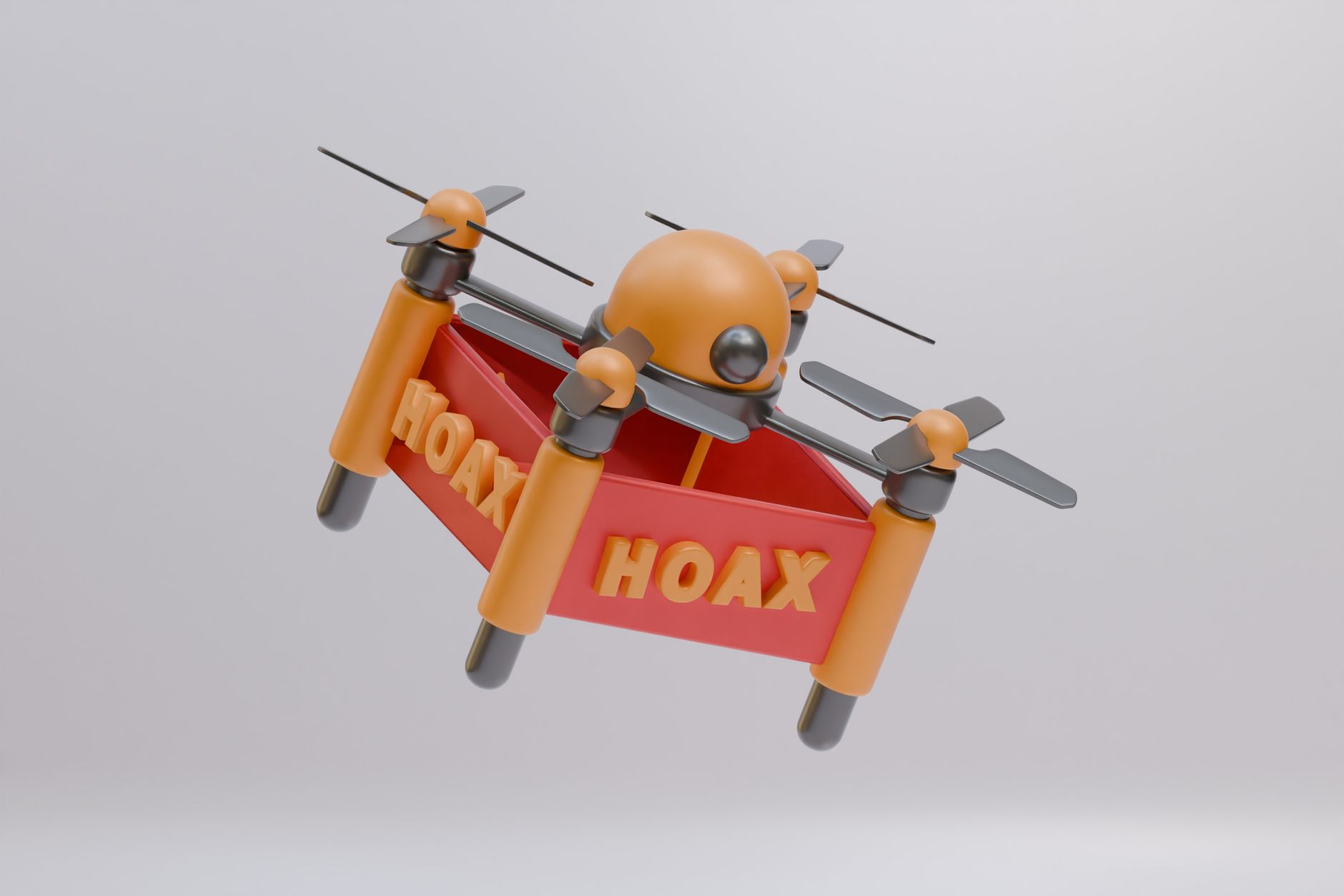 3D rendered drone carrying a 'hoax' banner, symbolizing misinformation. Clean, minimalist design.