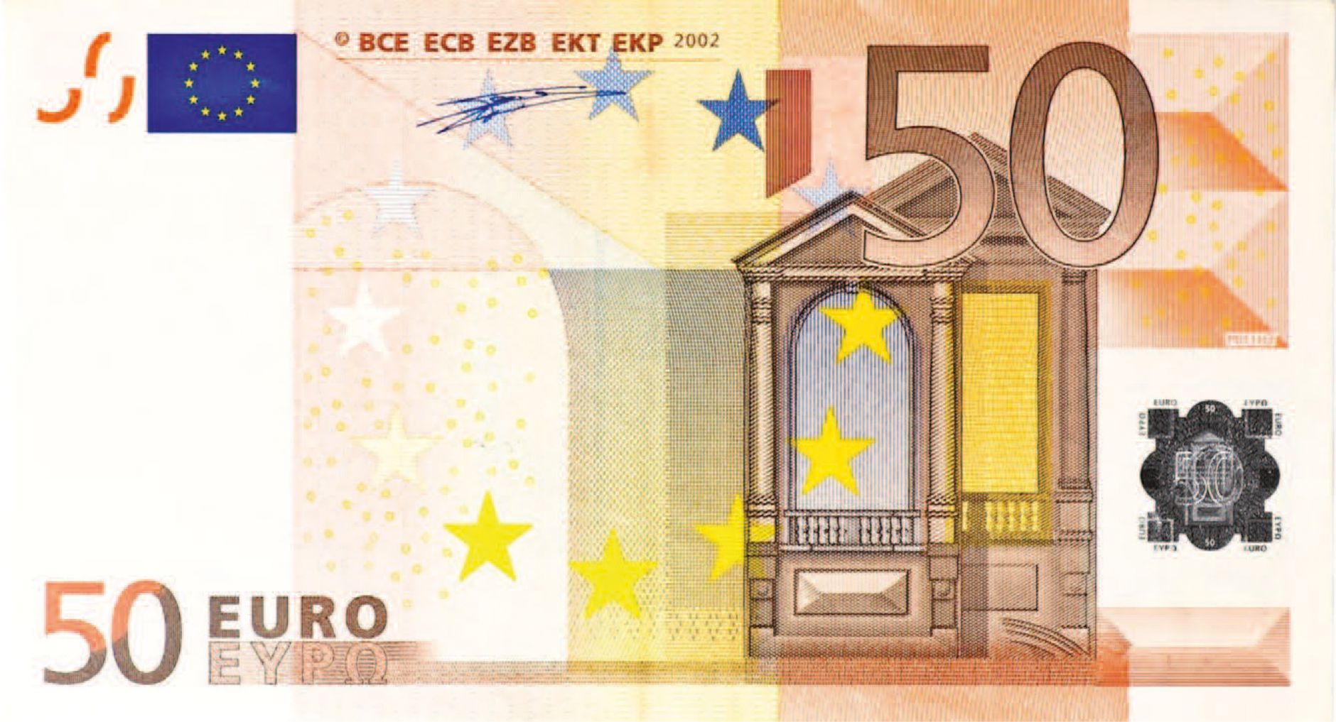Detailed image of a 50 euro banknote featuring European Union symbols and architecture.